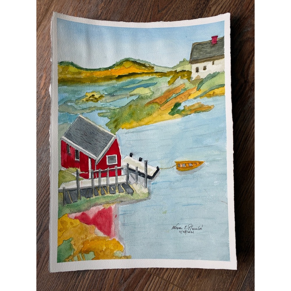 Warren C Plauche Peggy's Cove Treeless Original Watercolor Ink Painting 2021